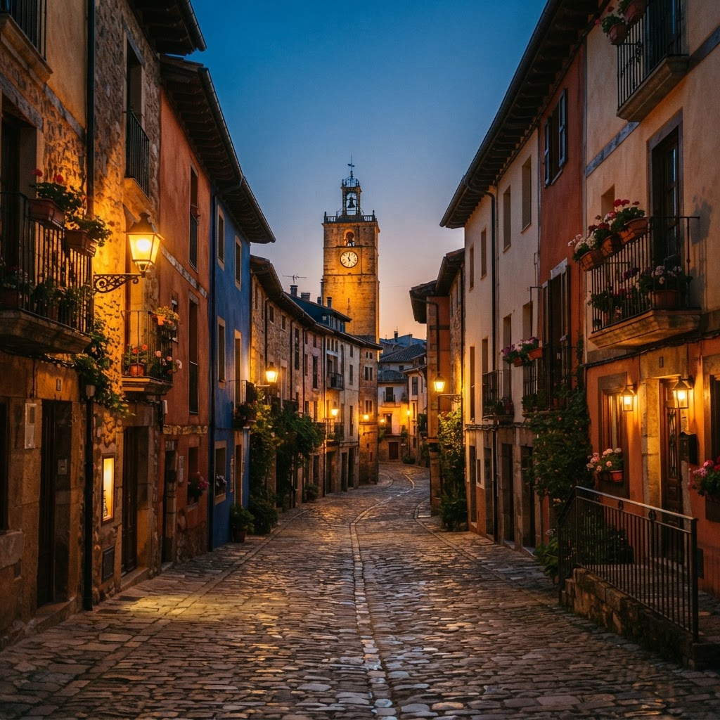 Rua de centro histórico ao anoitecer com lampiões acesos e construções antigas coloridas