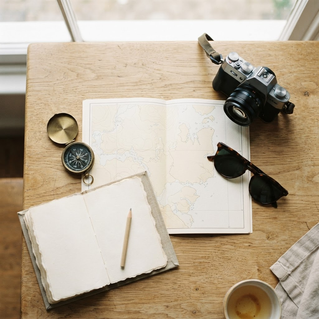 Mesa de madeira clara com mapa aberto, bússola, caderno e câmera para planejamento de viagem